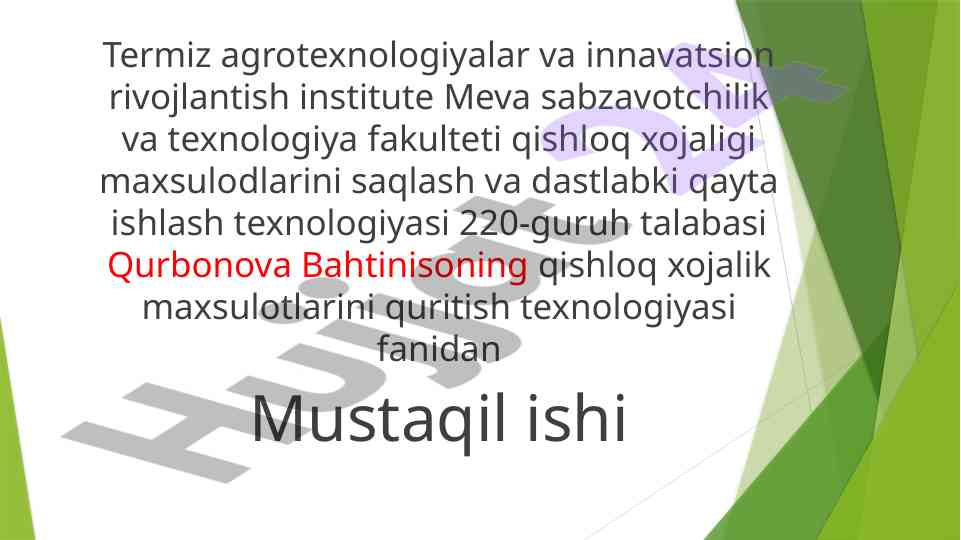 Qadoqlash materiallari va turlari bo‘yicha mustaqil ish
