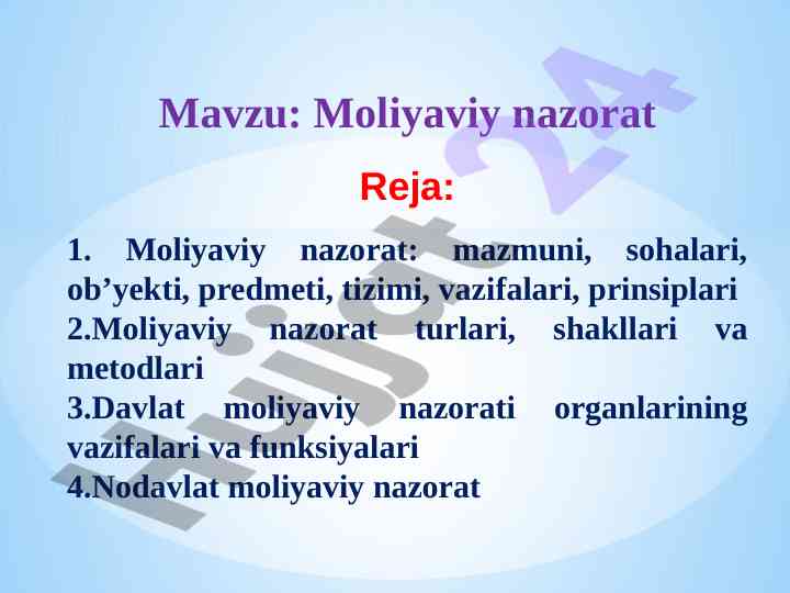 Moliyaviy nazorat dars rejasi