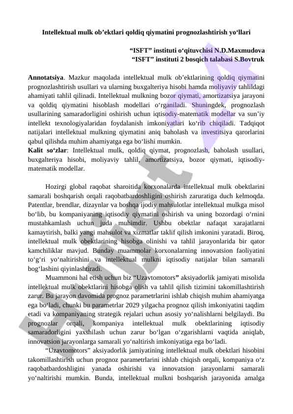 Intellektual mulk ob’ektlari qoldiq qiymatini prognozlashtirish