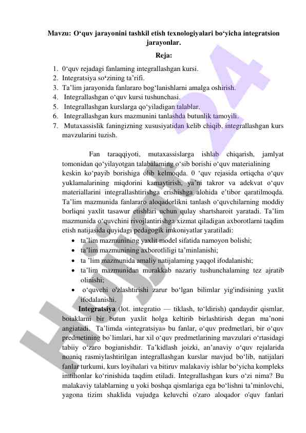 Integratsion jarayonlar o‘quv tashkilotida