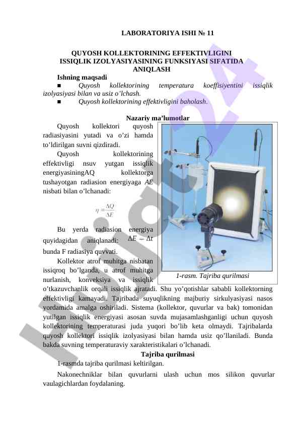 Quyosh kollektorining effektivligini o'lchash