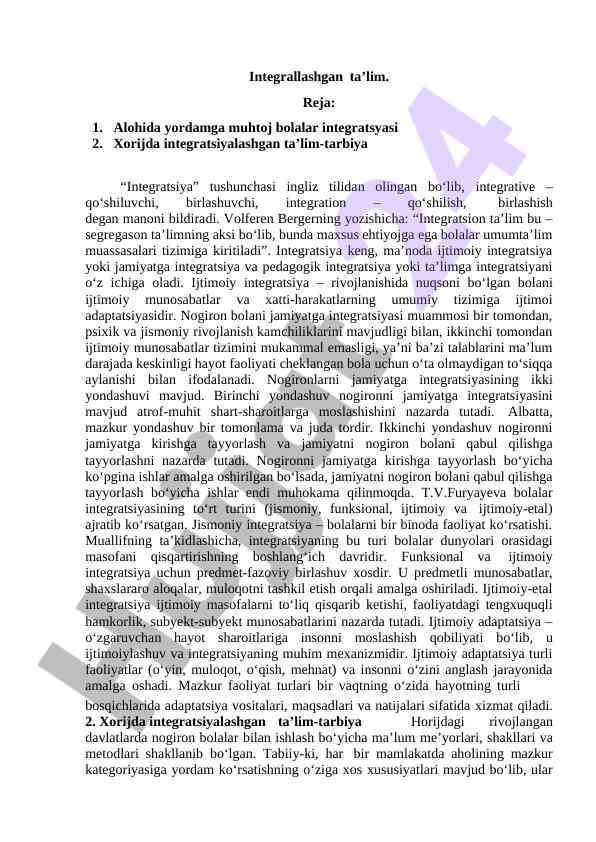 Integratsiyalashgan ta’lim va alohida yordamga muhtoj bolalar