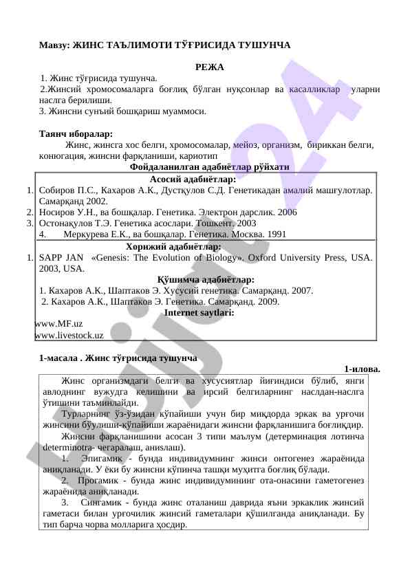 Жинс таълимоти тўғрисида тушунча режа