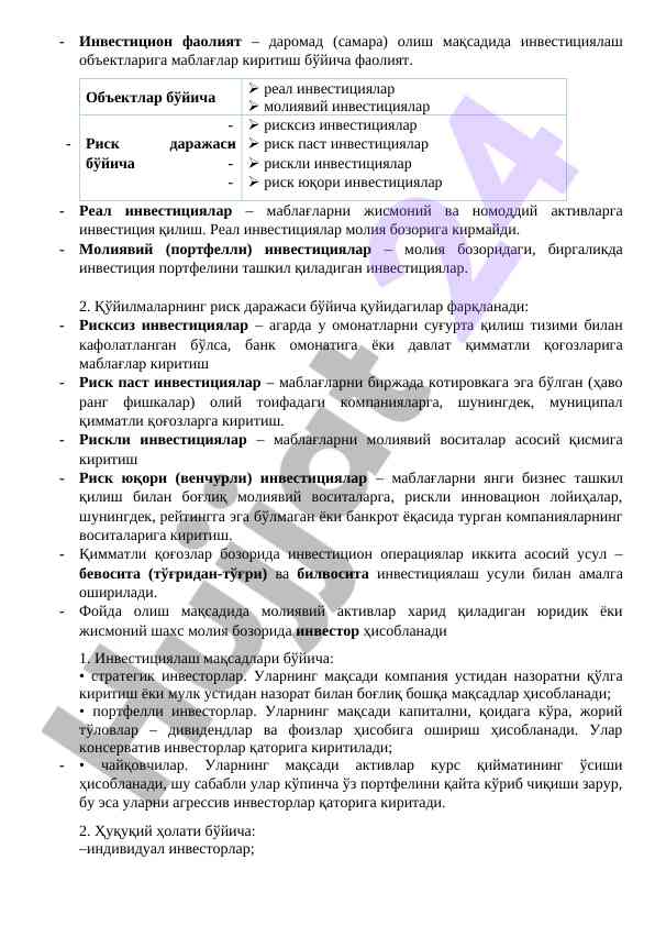 Investitsion faoliyat va moliyaviy investitsiyalar