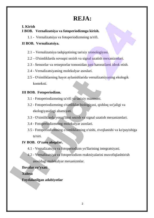 Vernalizatsiya va fotoperiodizmga kirish