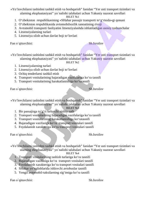 Yer usti transport tizimlari bilan bogʻliq savollar
