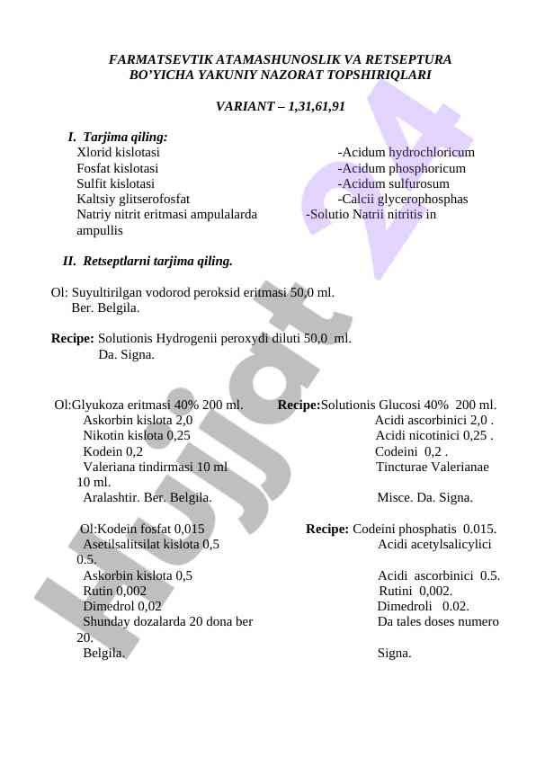 Farmatsevtik atamashunoslik va retseptura nazorati