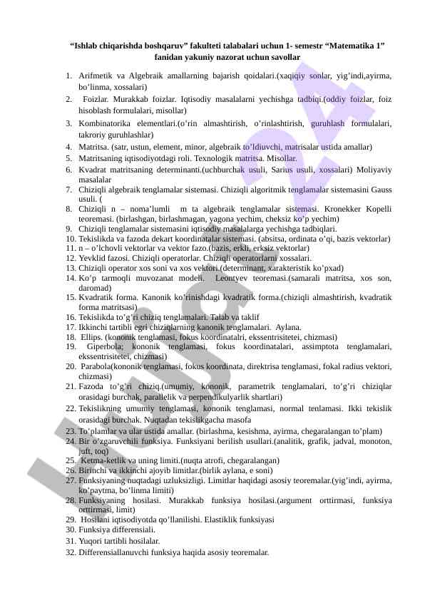 Matematika 1 fanidan yakuniy nazorat savollari