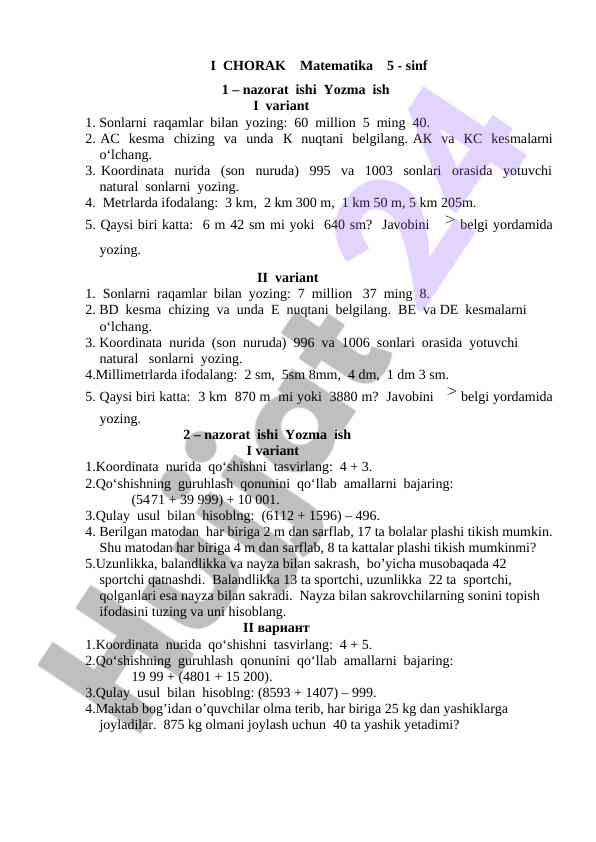 Chorak matematika 5-sinf nazorat ishi variantlari
