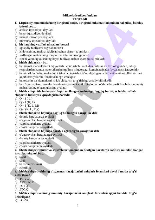 Mikroiqtisodiyot fanidan testlar