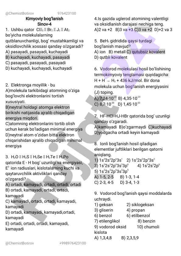 Kimyoviy bog‘lanish sinov testlari
