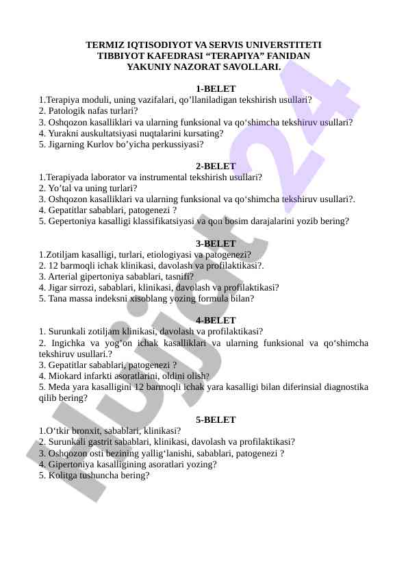 Tibbiot fanidan terapiya savollari yig'indisi