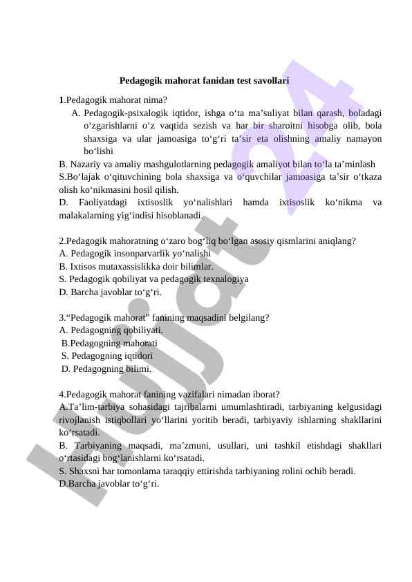 Pedagogik mahorat fanidan test savollari