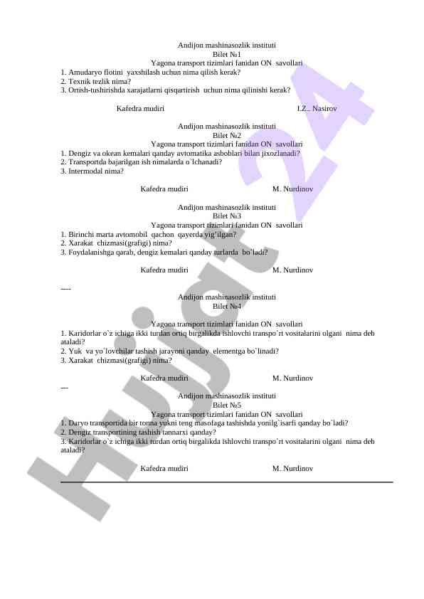 Yagona transport tizimlari fanidan savollar dasturi