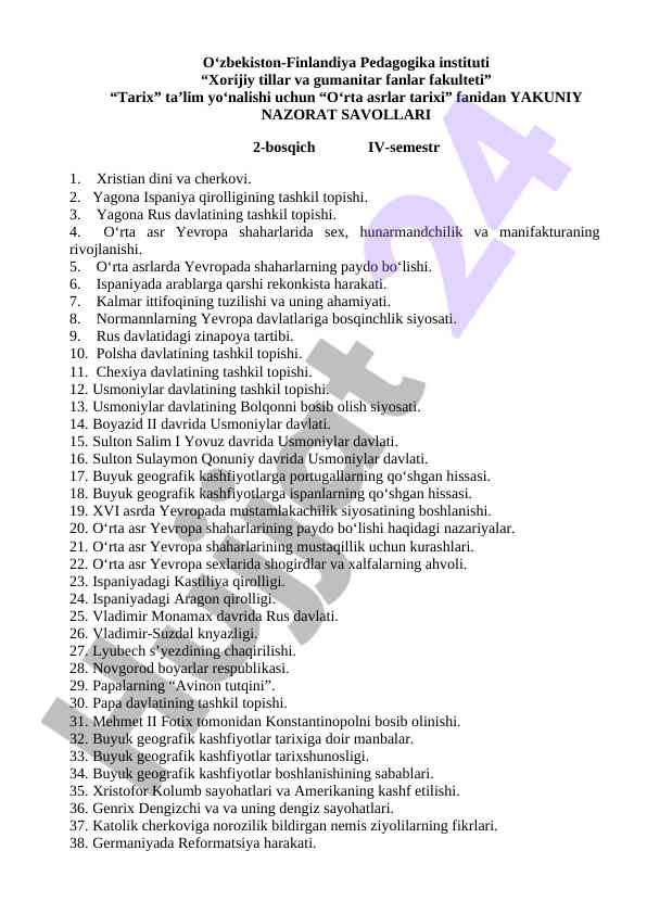 O‘rta asrlar tarixi bo‘yicha yakuniy nazorat savollari