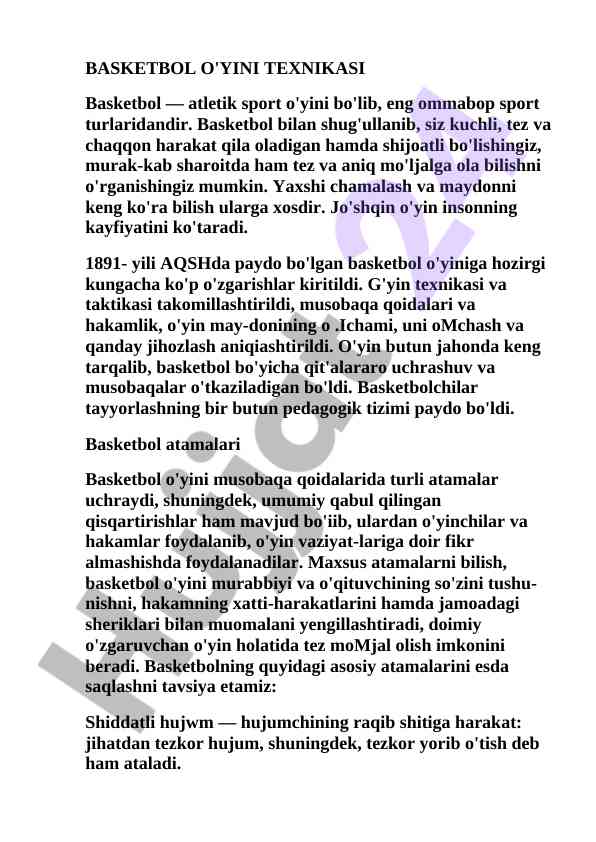 Basketbol o'yini texnikasi va taktikasi