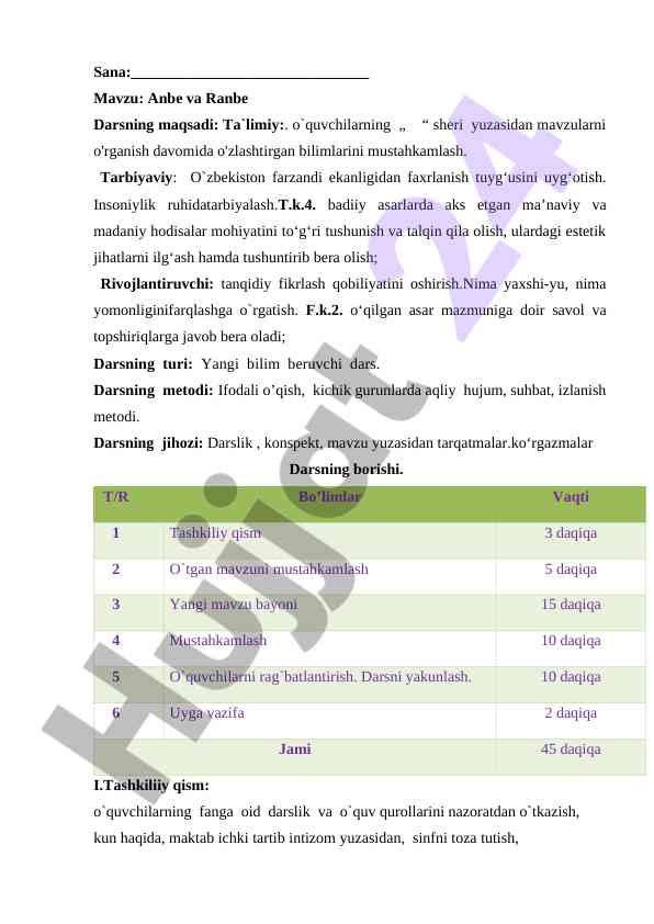 Anbe va ranbe darsining maqsadlari va metodlari