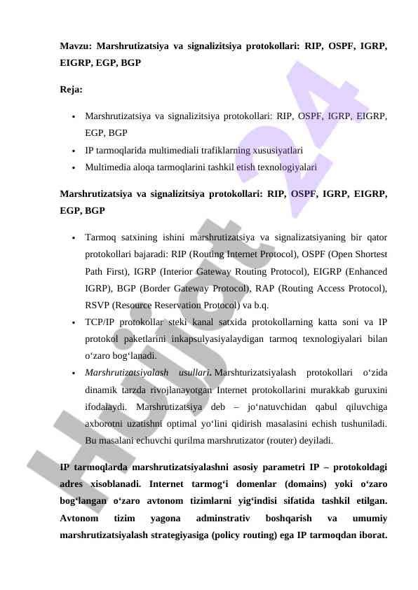 Marshrutizatsiya va signalizitsiya protokollari xususiyatlari