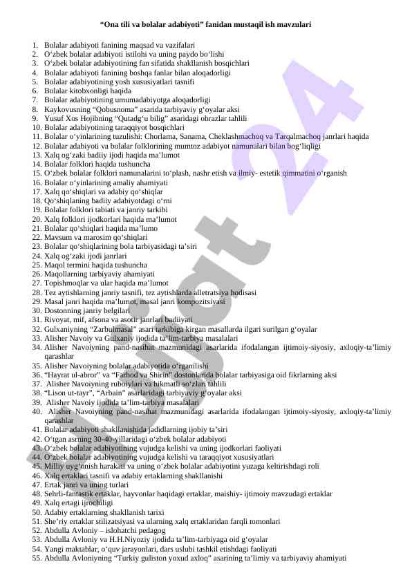 Bolalar adabiyoti fanidan mustaqil ish mavzulari