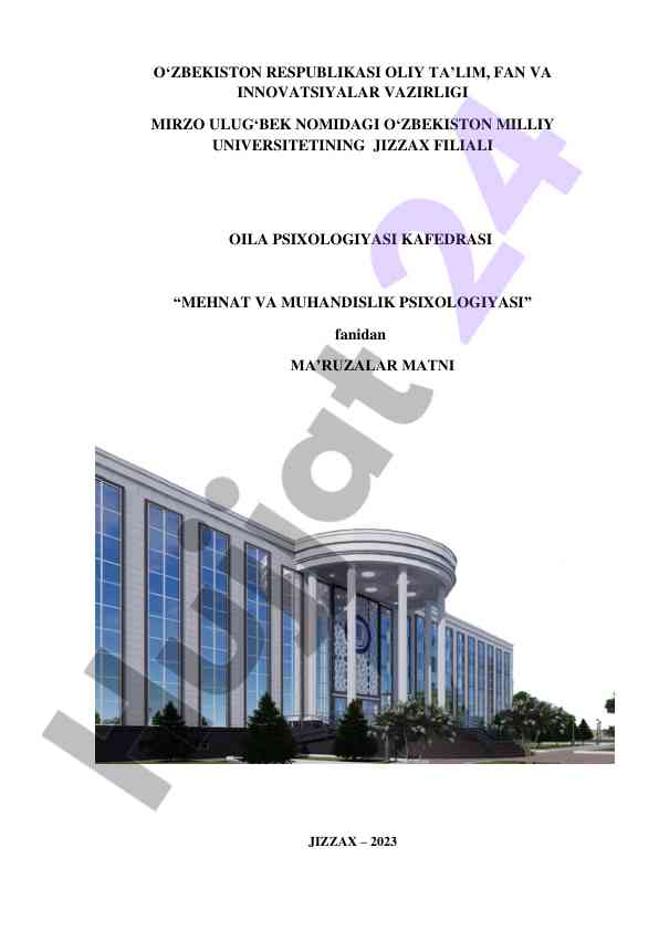 Mehnat va muhandislik psixologiyasi ma'ruzalar matni