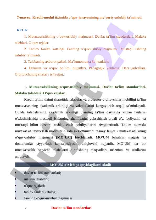 Kredit-module tizimida o’quv jarayonining ta’minoti