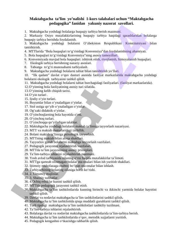 Maktabgacha pedagogika fanidan yakuniy nazorat savollari