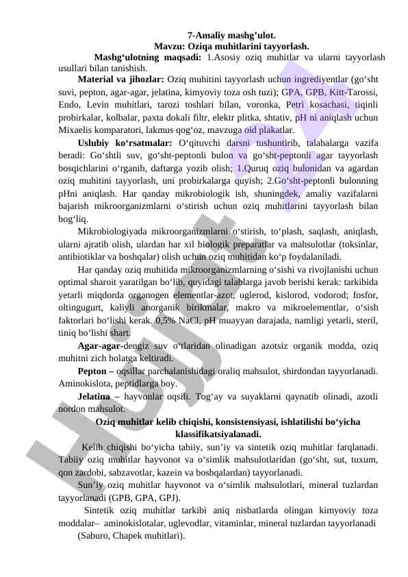 Oziqa muhitlarini tayyorlash amaliy mashg'uloti