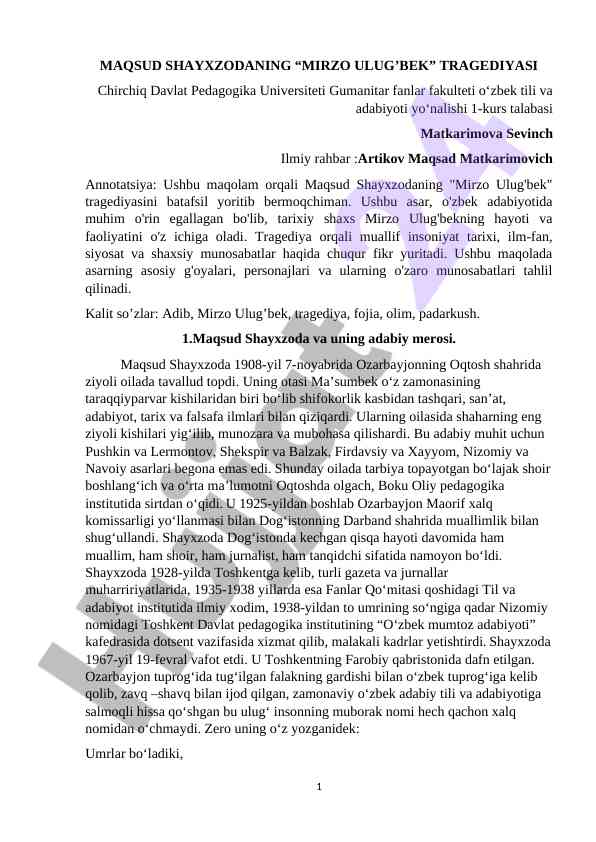Maqsud shayxzodaning mirzo ulug'bek tragediyasi
