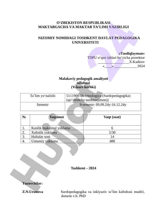 Malakaviy pedagogik amaliyoti sillabusi