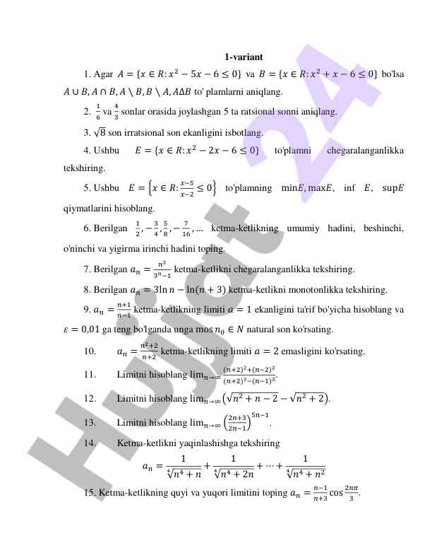 Matematika to'plamlar va ketma-ketliklar masalalari