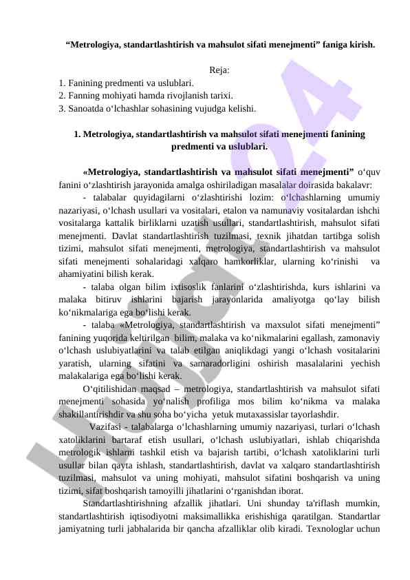 Metrologiya va mahsulot sifati menejmentiga kirish