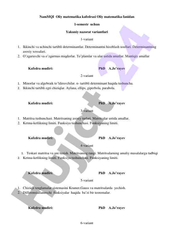 Oliy matematika fanidan 1-semestrim yakuniy nazorat
