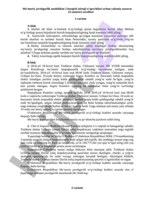 Ma'muriy javobgarlik moduli bo'yicha savollar