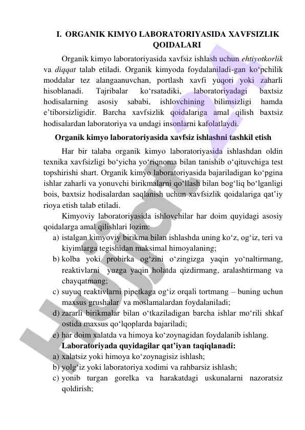 Organik kimyo laboratoriyasida xavfsizlik qoidalari
