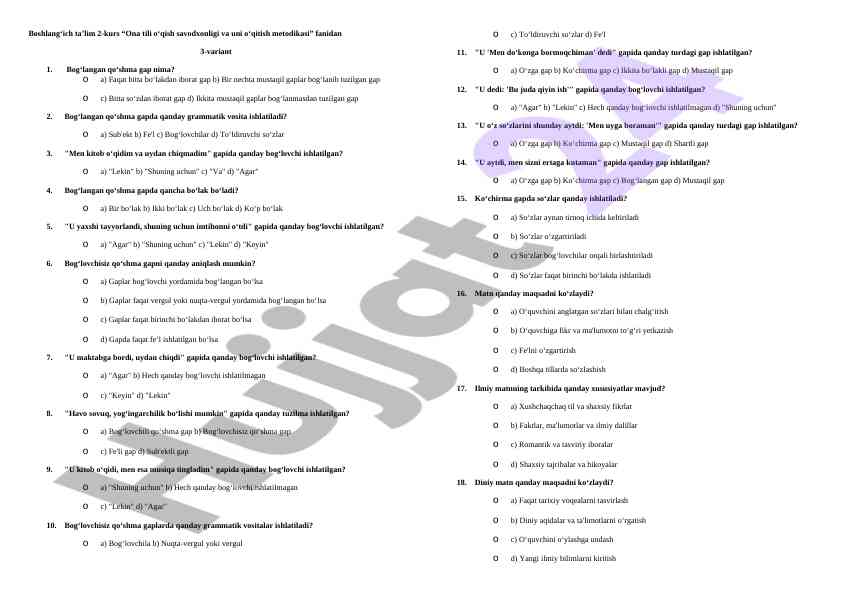 Ona tili o‘qish savodxonligi metodikasi test variant 3