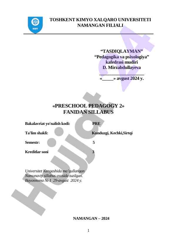 Maktabgacha pedagogika fanidan sillabus