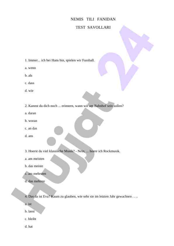 Nemis tili fanidan test savollari bilan o‘rganish