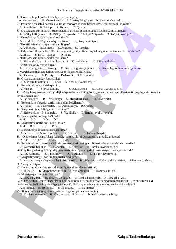 Huquq fanidan testlar 9 sinf uchun 1-yarim yillik