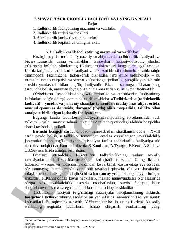 Tadbirkorlik faoliyati va uning kapitali