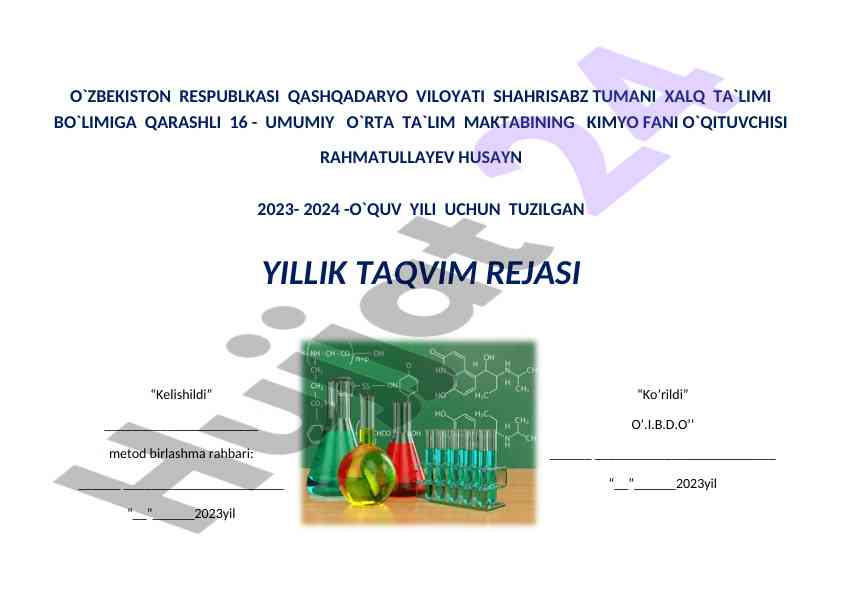 Kimyo fani yillik ta'lim rejasi 2023-2024