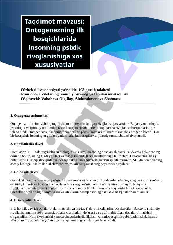 Ontogenez tushunchasi va homiladorlik davri