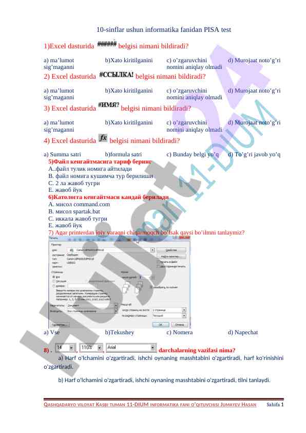 Informatika fanidan pisa test savollari