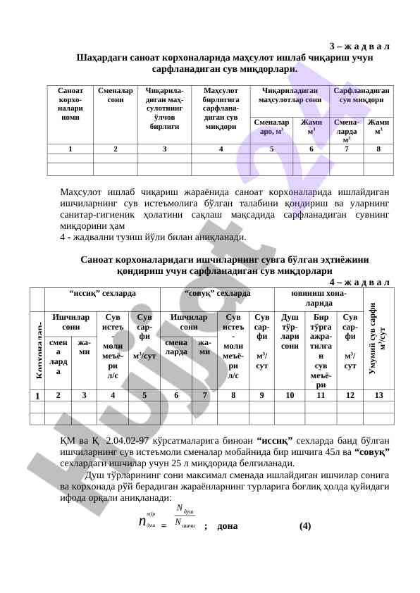 Sanoat korxonalarida suv iste'moli mavzusi