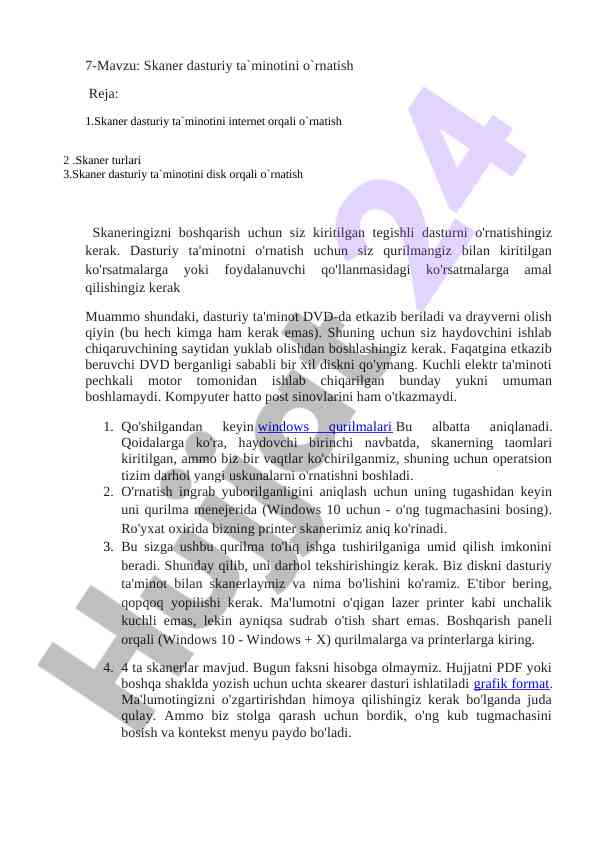 Skaner dasturiy ta`minotini o`rnatish rejasi
