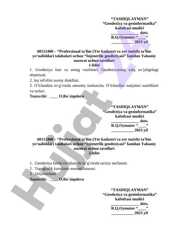 Injenerlik geodeziyasi fanidan yakuniy nazorat savollari