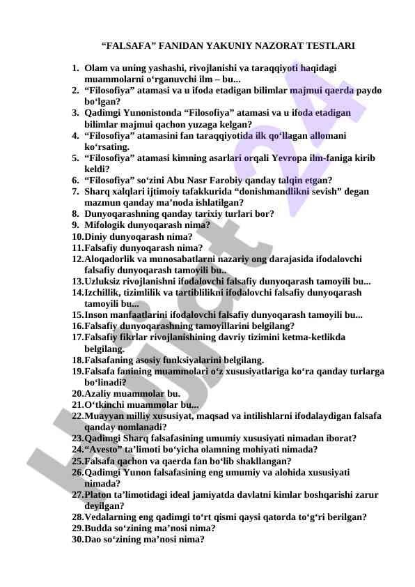 Falsafa fanidan yakuniy nazorat testlari