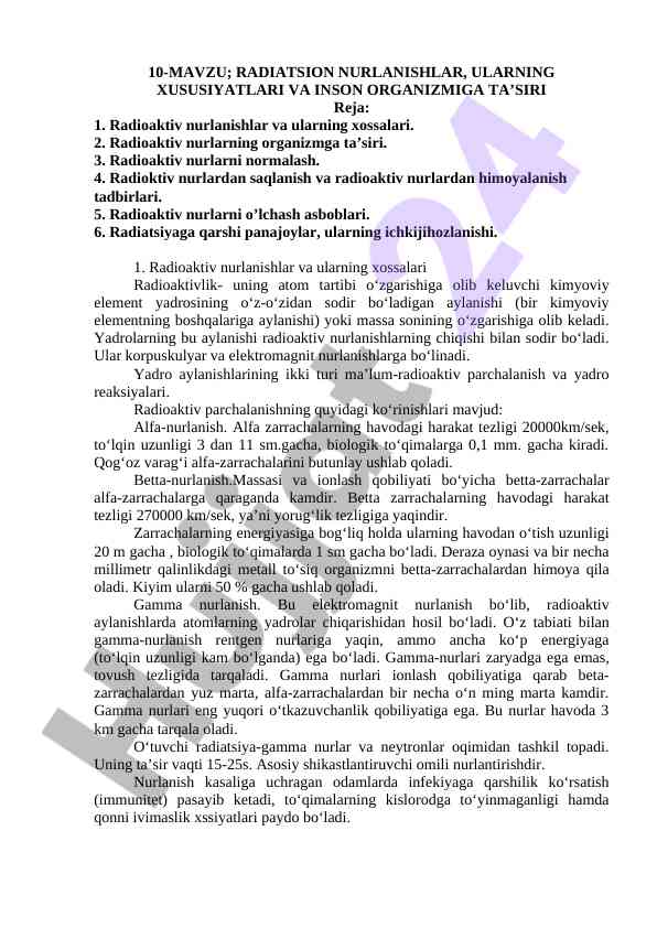 Radiatsion nurlanishlar va ularning inson organizmiga ta’siri