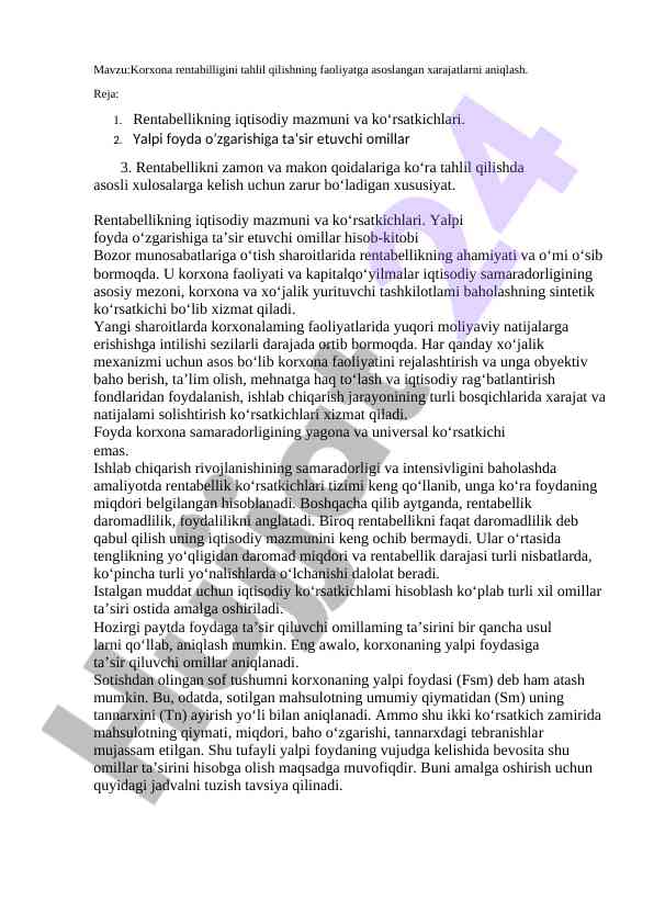 Korxona rentabilligini tahlil qilish