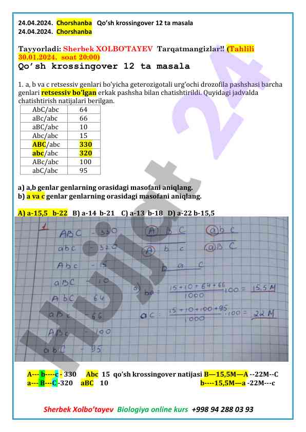 Biologiya kursida krossingover masalalari
