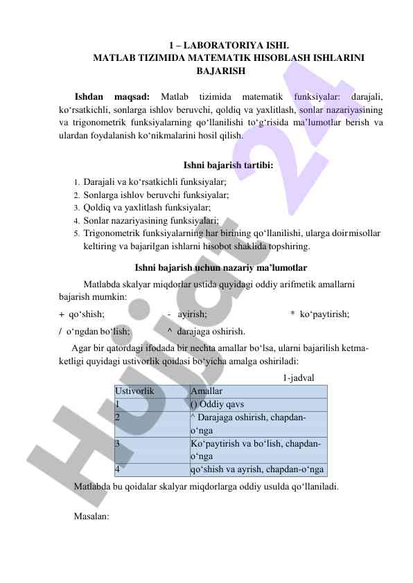 Matlab tizimida matematik hisoblash ishlari